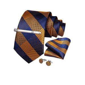 Men's Silk Tie + Pocket Square + Cufflinks + Tie Clip 4 Piece Set